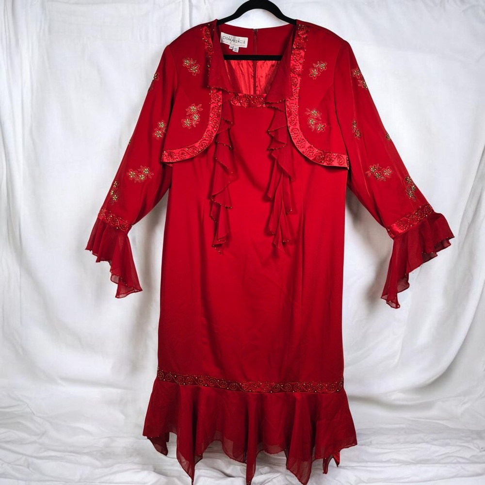 Donna Vinci Dress Woman Plus Size 20 Red Beaded Embroidered Formal Church VTG